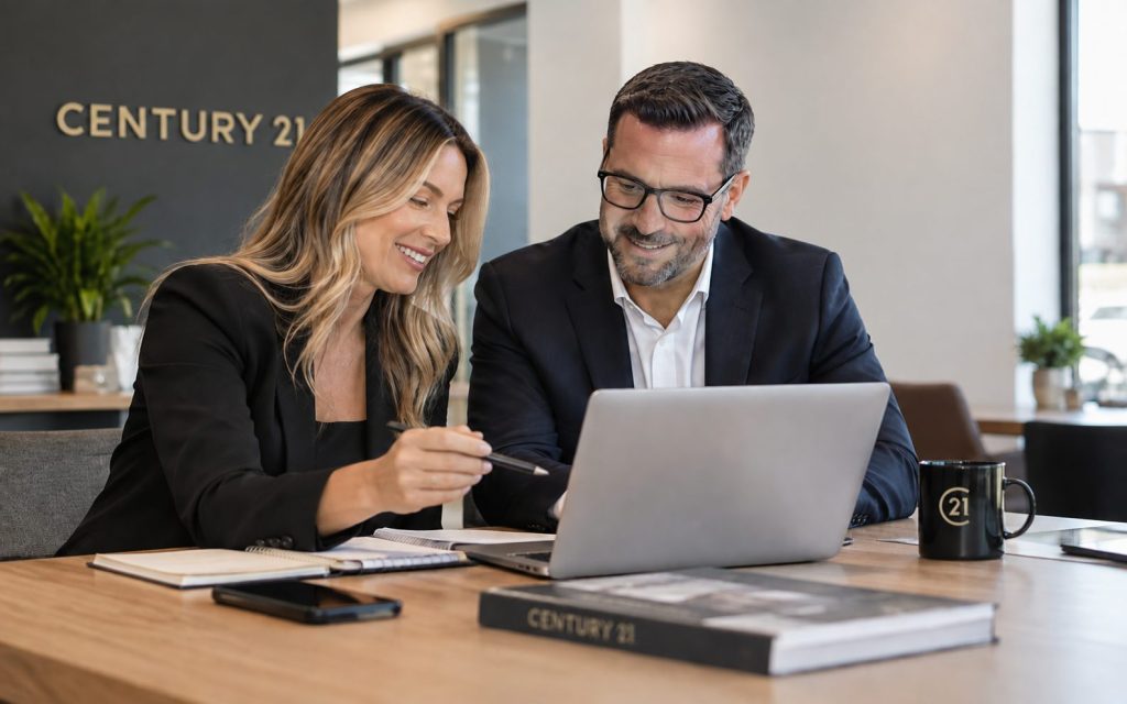 Two real estate professionals collaborating on a laptop in a CENTURY 21 office